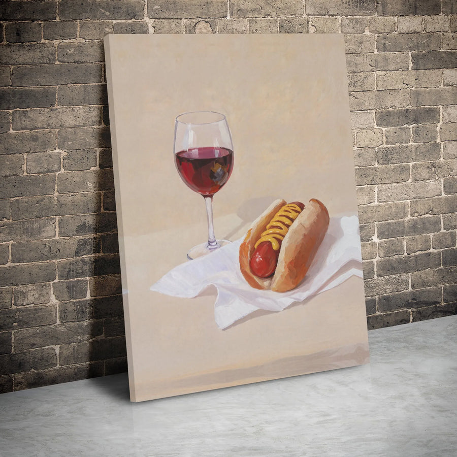Hot Dog and Red Wine Still Life Canvas | Quirky Foodie Kitchen Art | Premium Gallery Wrapped Print | Unique Dining Room Decor Gift