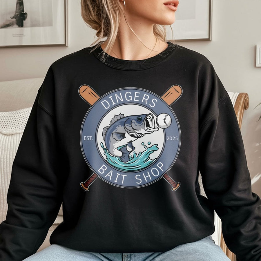 Dinger Bait Shop Sweatshirt | Funny Fishing Baseball Graphic | Premium Cotton Blend Unisex Crewneck | Unique Gift for Fisherman and Baseball Fan