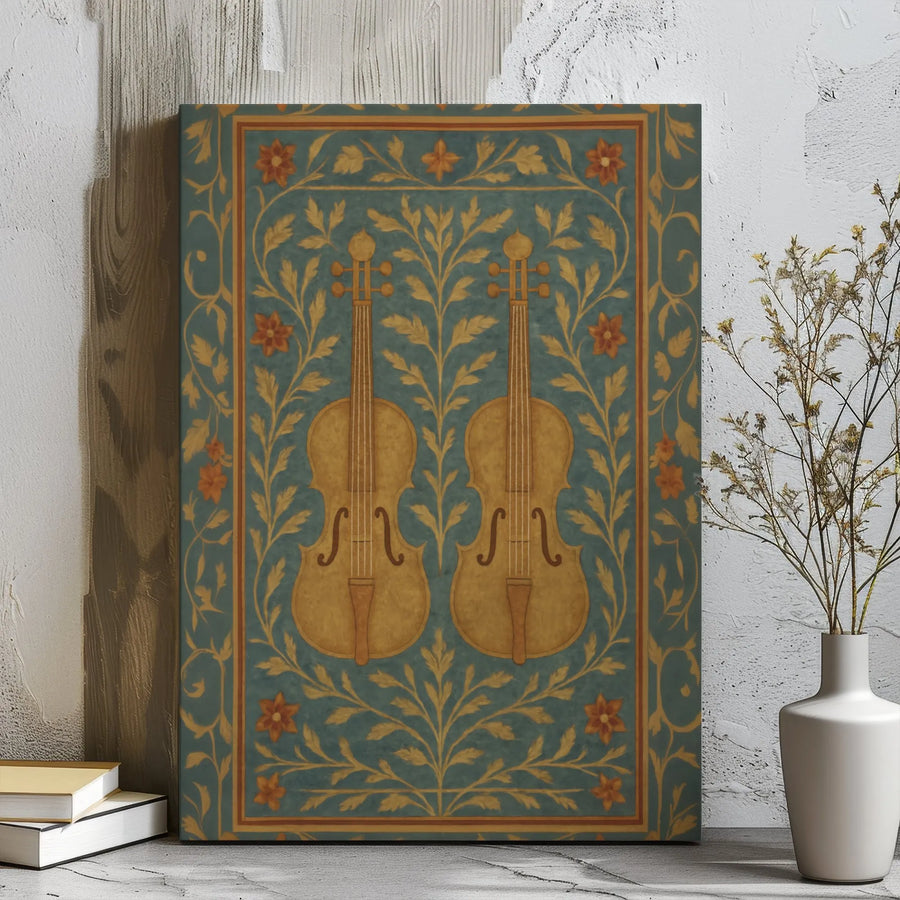 Violin Wall Art Canvas | Vintage Floral Vine Illustration | Gallery Wrap 1.25 Inch Wood Frame | Music Room Decor Gift for Musicians