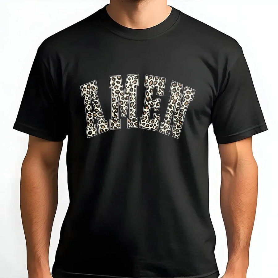 Amen T-Shirt | Leopard Print Varsity Letter Graphic | Premium Soft Cotton Tee | Christian Faith Gift for Women and Men