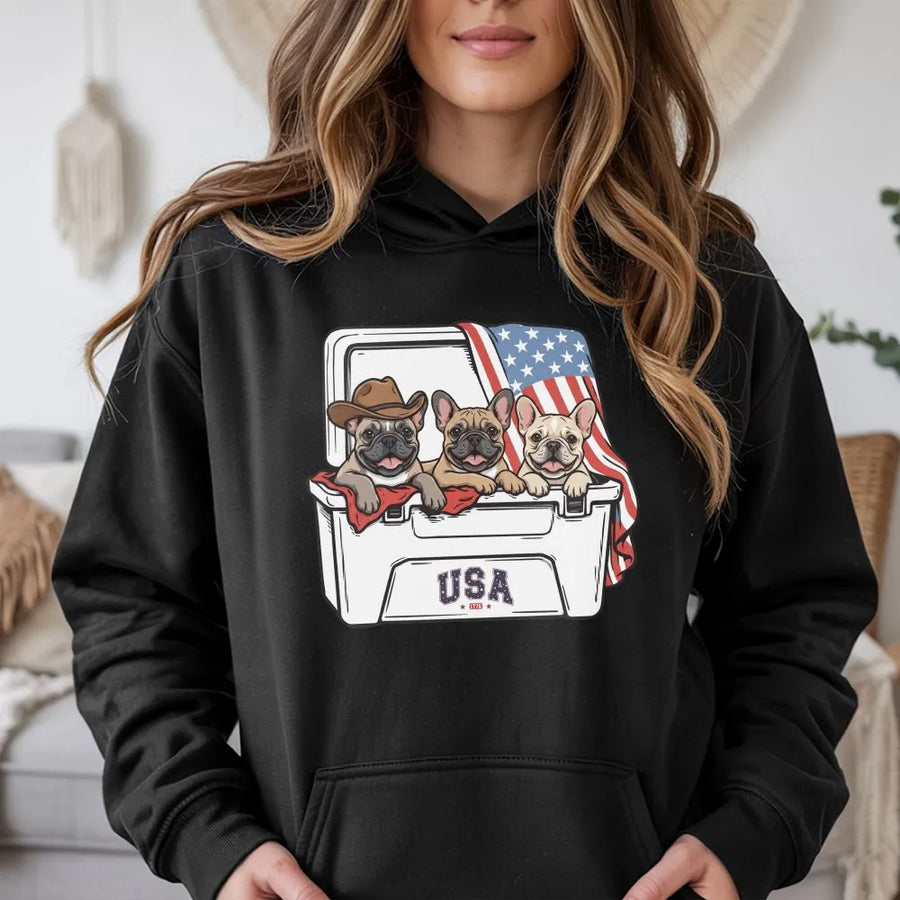 Patriotic French Bulldog Hoodie | USA Flag Cooler Graphic Sweatshirt | Soft Cotton Blend | America 250th Anniversary Gift for Dog Lover