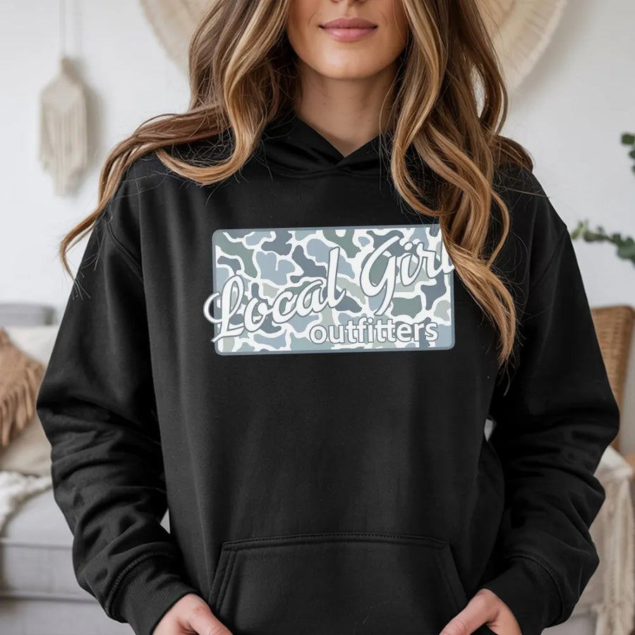 Local Girl Graphic Hoodie | Blue Camouflage Print Shirt | Soft 100% Cotton | Hometown Pride Gift for Her
