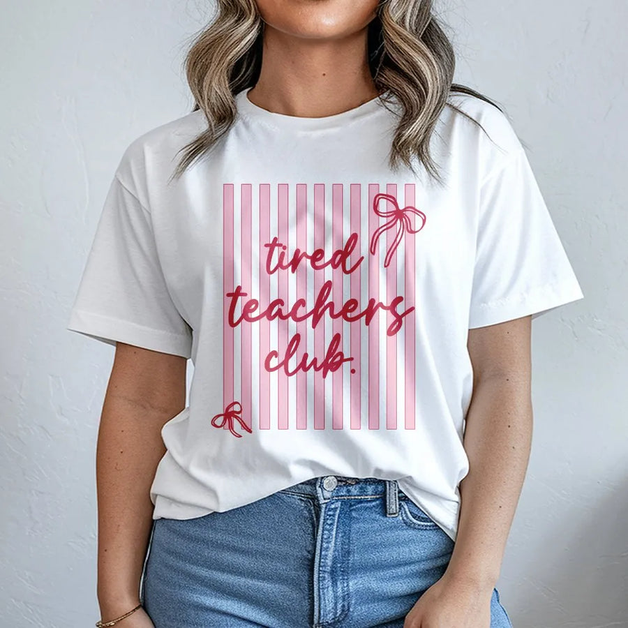 Tired Teachers Club T-Shirt | Retro Striped Preppy Graphic | Soft Cotton Blend Sweatshirt | Funny Appreciation Gift for Teachers