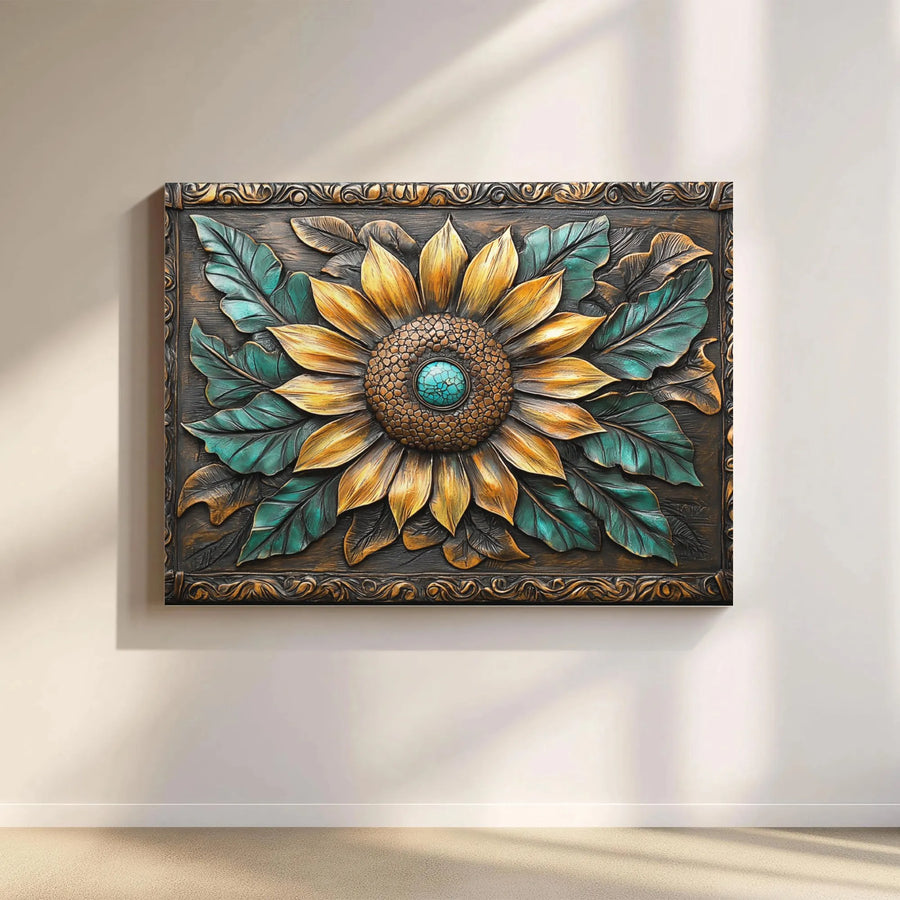 Sunflower Canvas Wall Art | Rustic Wood Carved Effect Print | Premium Textured 3D Floral Decor | Southwestern Farmhouse Living Room Gift