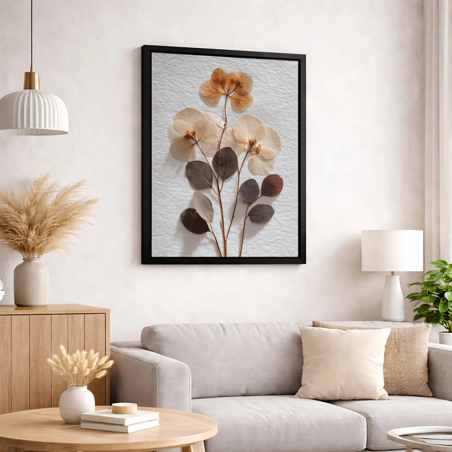 Pressed Flower Wall Art Canvas | Dried Botanical Floral Print | Premium Textured Minimalist Decor | Neutral Home Office Gift