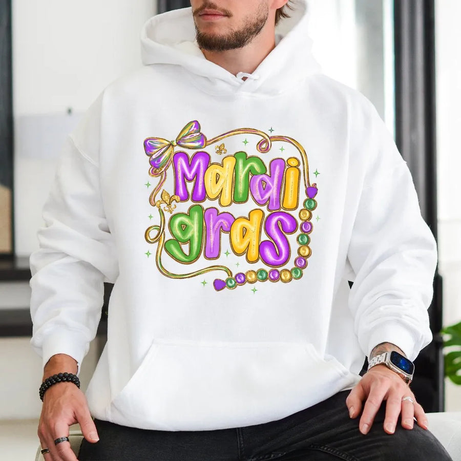 Mardi Gras Hoodie | Carnival Beads & Bow Graphic Design | Premium Cotton Blend | Festive New Orleans Party Apparel Gift For Her