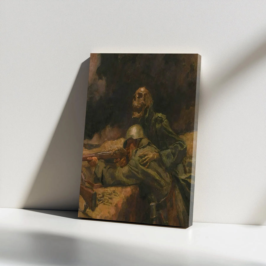 Soldier and Skeleton Canvas Print | Dark Surrealist War Art | Premium Gallery Wrapped Wall Decor | Gothic Military History Gift for Him
