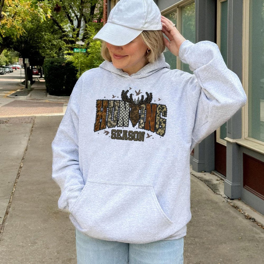 Hunting Season Hoodie | Rustic Camo Deer Antlers Graphic | Premium Cotton Blend | Gift for Outdoor Enthusiasts and Hunters