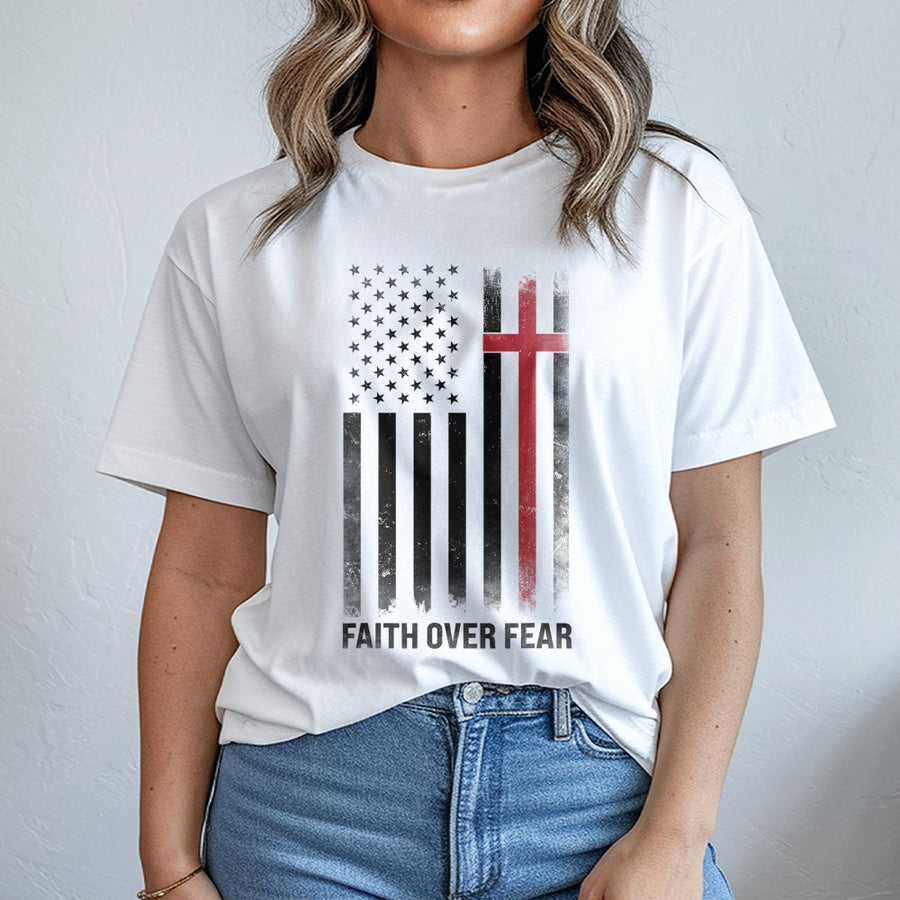 Faith Over Fear T-Shirt | Distressed American Flag Cross Graphic | Premium 100% Cotton | Patriotic Christian Gift for Men and Women