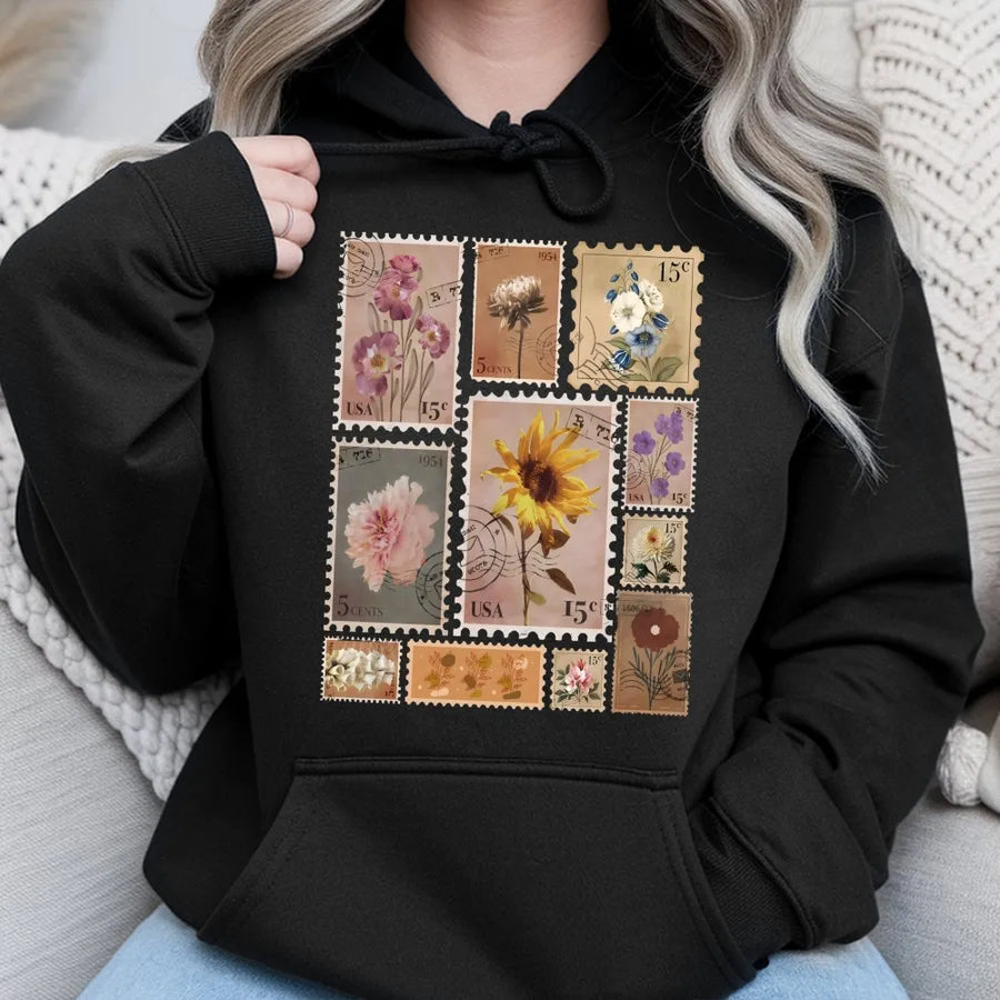 Vintage Flower Stamp Hoodie | Botanical Postage Stamp Graphic | Soft Cotton Blend | Gift for Plant Lover