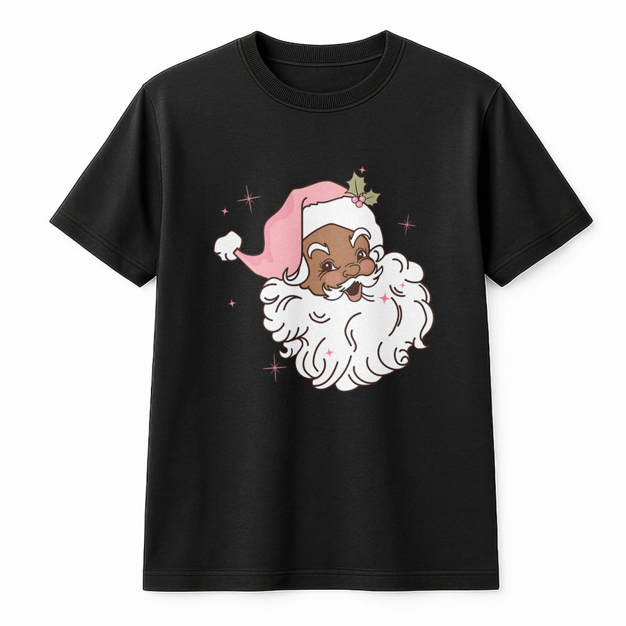 Black Santa T-Shirt | Retro Pink Hat Christmas Graphic | Premium 100% Cotton Tee | Inclusive Holiday Gift for Women and Men