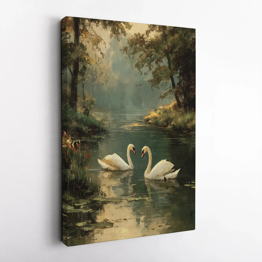 Romantic Swans Canvas Wall Art | Vintage Impressionist Lake Painting | Premium 1.25" Thick Gallery Wrapped Canvas | Serene Nature Home Decor Gift