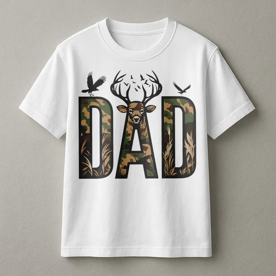Hunter Dad T-Shirt | Camo Deer Antler Graphic Design | Premium Cotton Apparel | Perfect Father's Day 2026 Gift for Outdoor Lovers