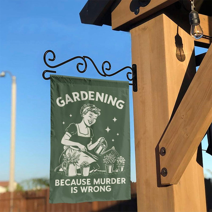 Gardening Because Murder Is Wrong Garden Flag | Funny Retro Yard Decor | Weather-Resistant Polyester | Gift for Plant Lovers & Gardeners