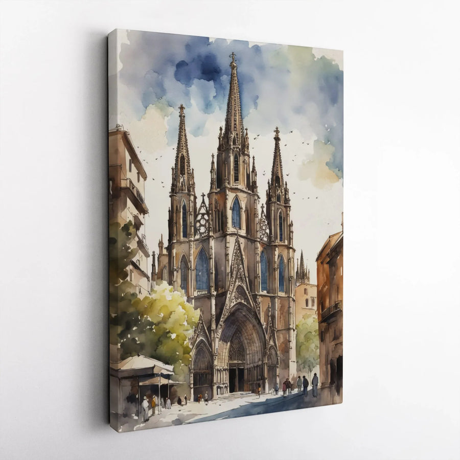 Barcelona Cathedral Canvas Print | Watercolor Gothic Architecture Wall Art | Premium 1.25" Gallery Wrap | Travel Gift for Home Decor