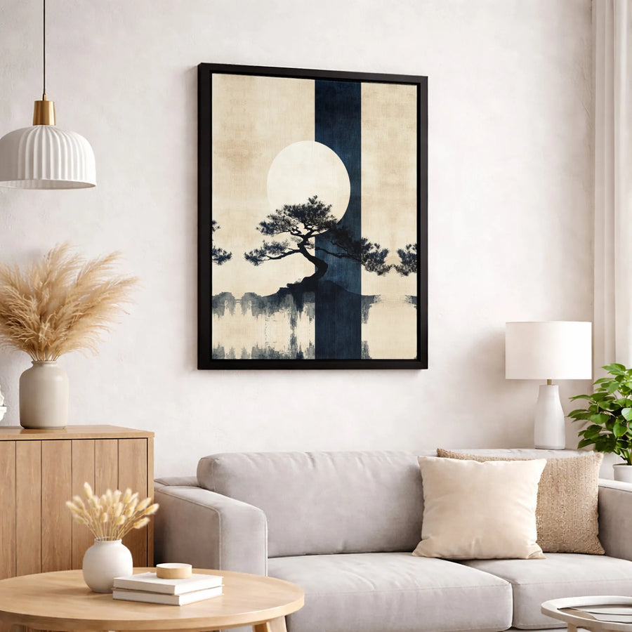 Japanese Bonsai Tree Canvas Print | Zen Abstract Sun Wall Art | Premium Gallery Wrapped Decor | Modern Minimalist Home Office Gift