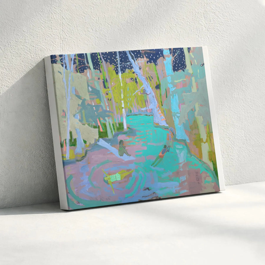 Abstract Night Swim Canvas Print | Expressionist Forest Pool Painting | Premium Gallery Wrapped Canvas | Modern Living Room Wall Decor