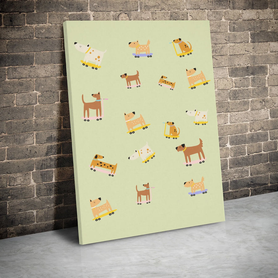 Cute Dog Wall Art | Cartoon Skateboard Puppy Pattern | Premium Gallery Wrap Canvas | Nursery Or Kids Room Decor Gift