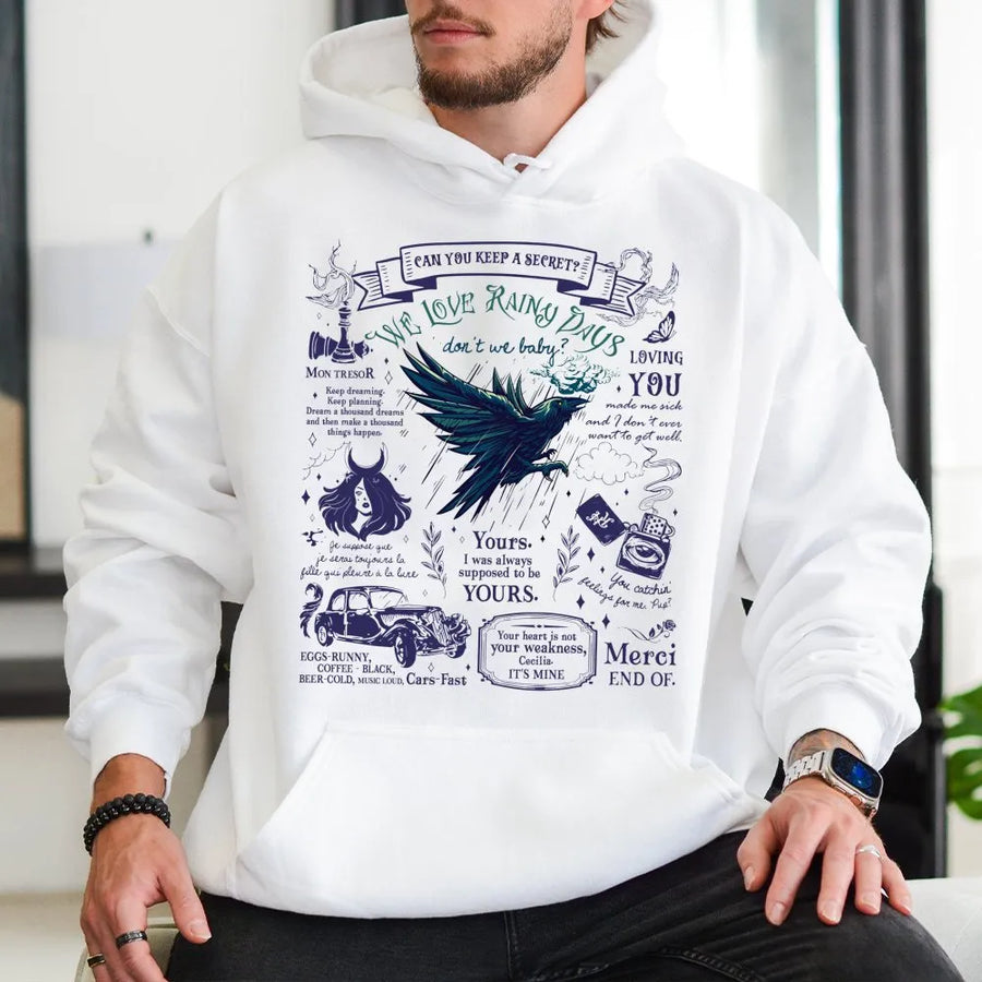 Gothic Raven Hoodie | Aesthetic Rainy Days Quote Graphic | Premium Soft Cotton Blend | Dark Academia Gift for Book Lovers