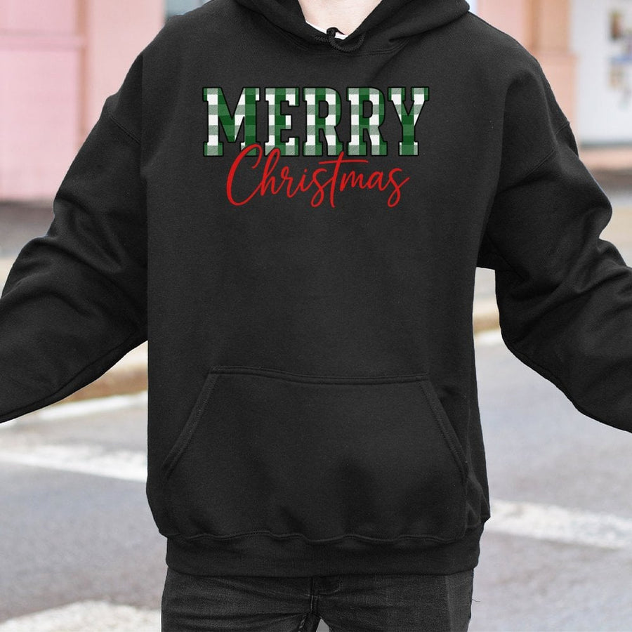 Merry Christmas Hoodie | Green Buffalo Plaid Festive Graphic | Cotton-Poly Blend Premium Apparel | Holiday Gift for Women and Men