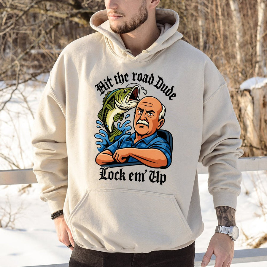Fishing Hoodie | Hit The Road Dude Bass Fisherman Graphic | Soft Cotton Blend | Funny Retirement Gift for Men and Grandpa