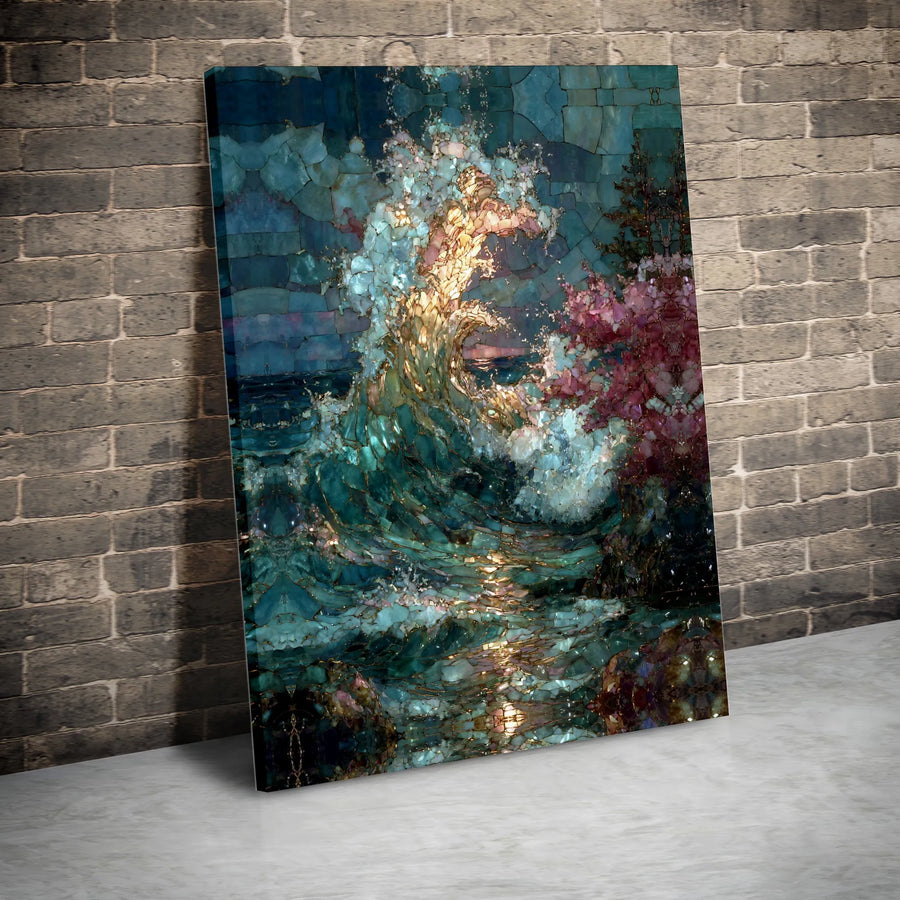 Ocean Wave Canvas Wall Art | Iridescent Mosaic Style with Pink Blossoms | Premium Gallery Wrap 1.25" Profile | Coastal Home Decor Gift