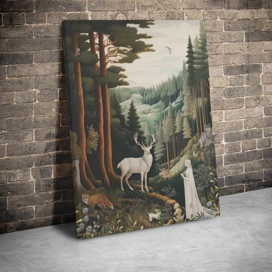 Enchanted Forest Canvas Wall Art | Whimsical White Stag and Maiden Portrait | Premium Gallery Wrap Decor | Mythical Nature Gift for Home