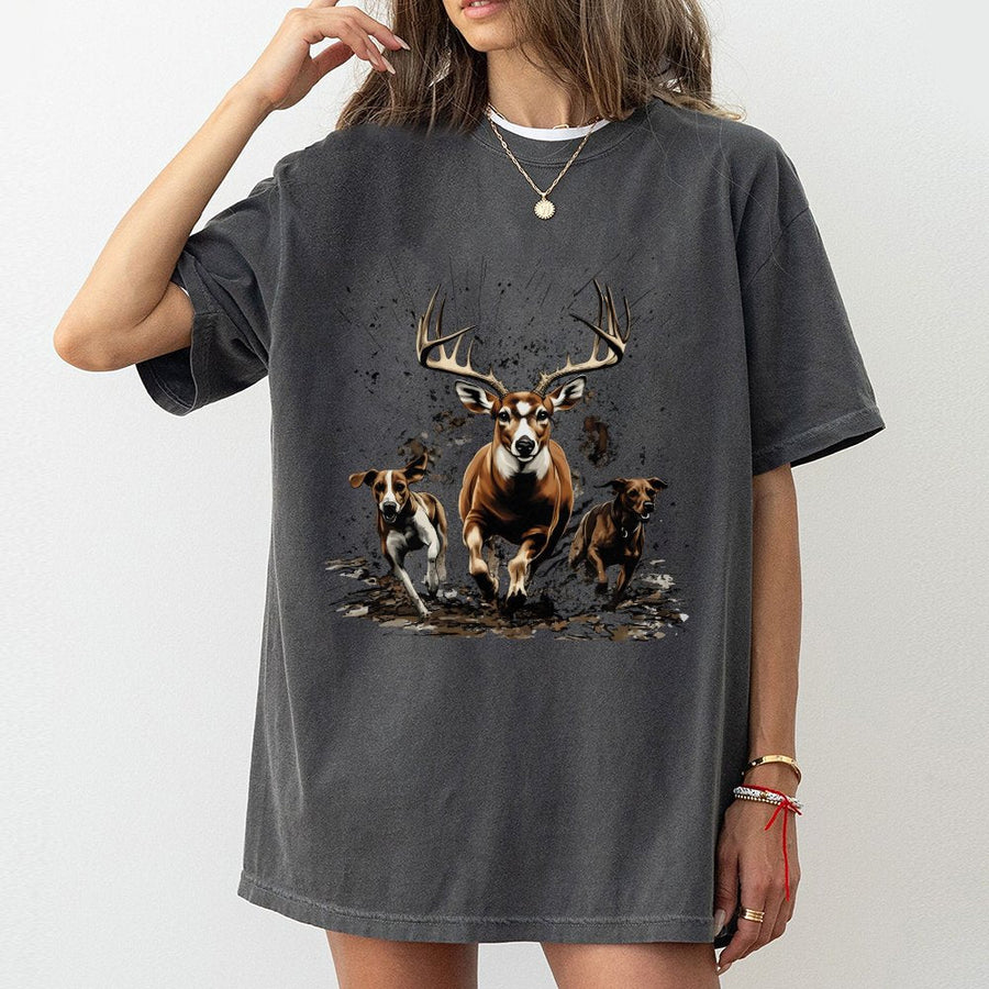 Hunting Deer T-Shirt | Running Buck and Hound Dogs Graphic | 100% Cotton Premium Tee | Outdoorsman Gift for Hunter