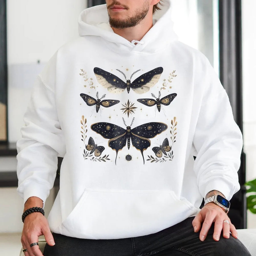 Celestial Luna Moth Hoodie | Mystical Moon Phase & Wildflower Graphic | Premium Cotton Blend Sweatshirt | Witchy Cottagecore Aesthetic Gift