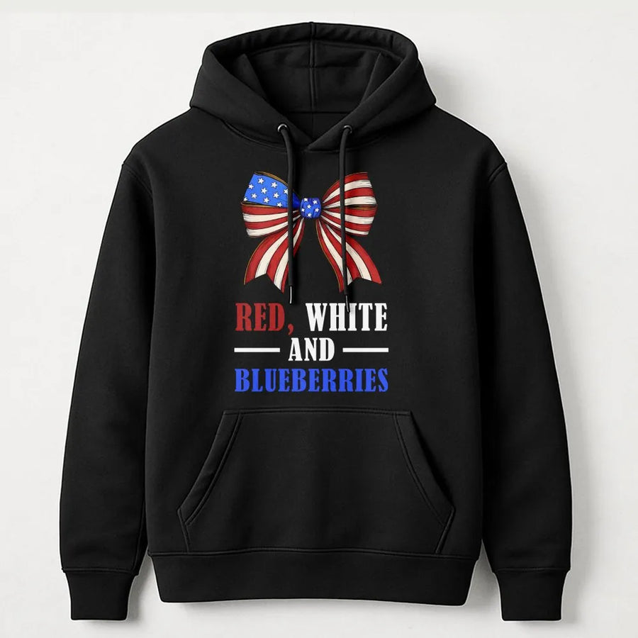 Red White And Blueberries Hoodie | Patriotic American Flag Bow Design | Premium Cotton-Blend | 4th of July Gift for Women