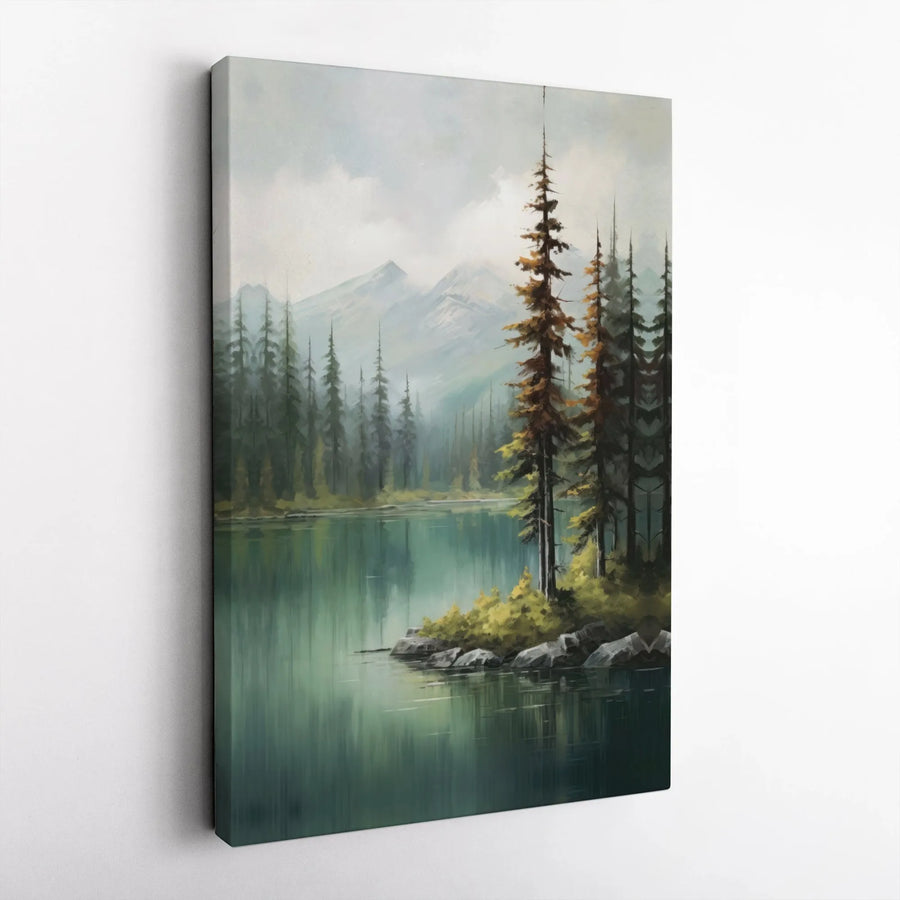 Mountain Lake Canvas Wall Art | Serene Pine Forest Landscape Print | Premium 1.25-Inch Gallery Wrap | Ready To Hang Nature Decor For Home Office