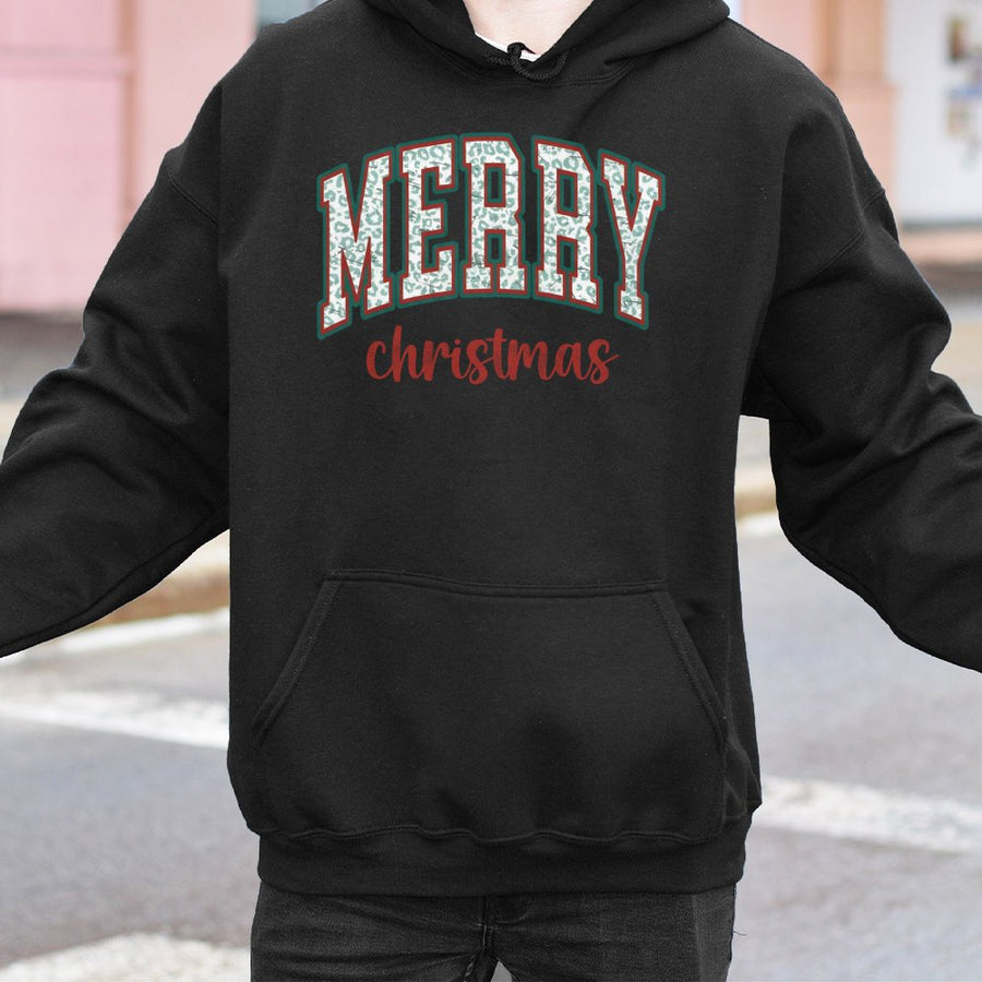 Merry Christmas Hoodie | Leopard Print Varsity Letter Graphic | Premium Cotton Blend | Unisex Festive Holiday Gift for Women and Men