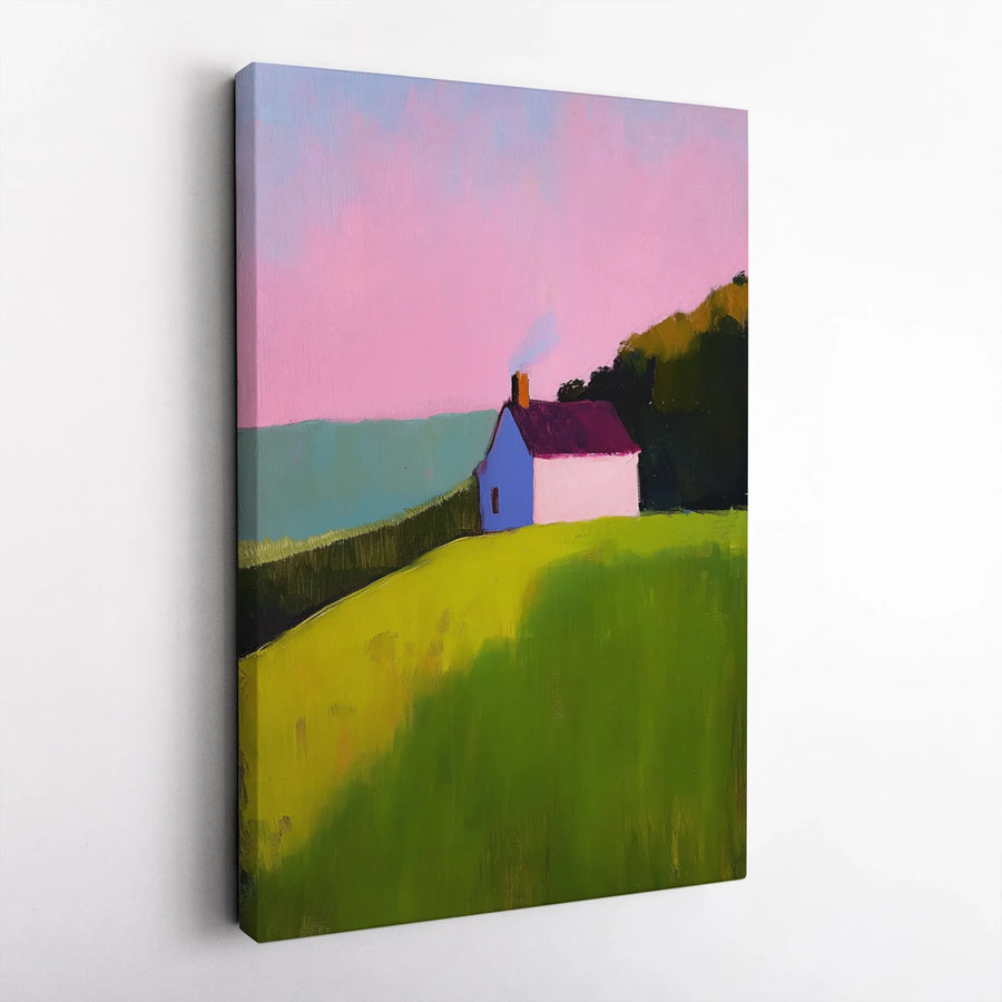 Impressionist Landscape Canvas Print | Pink Sky Cottage Wall Art | 1.25-Inch Gallery Wrap | Modern Home Decor Gift