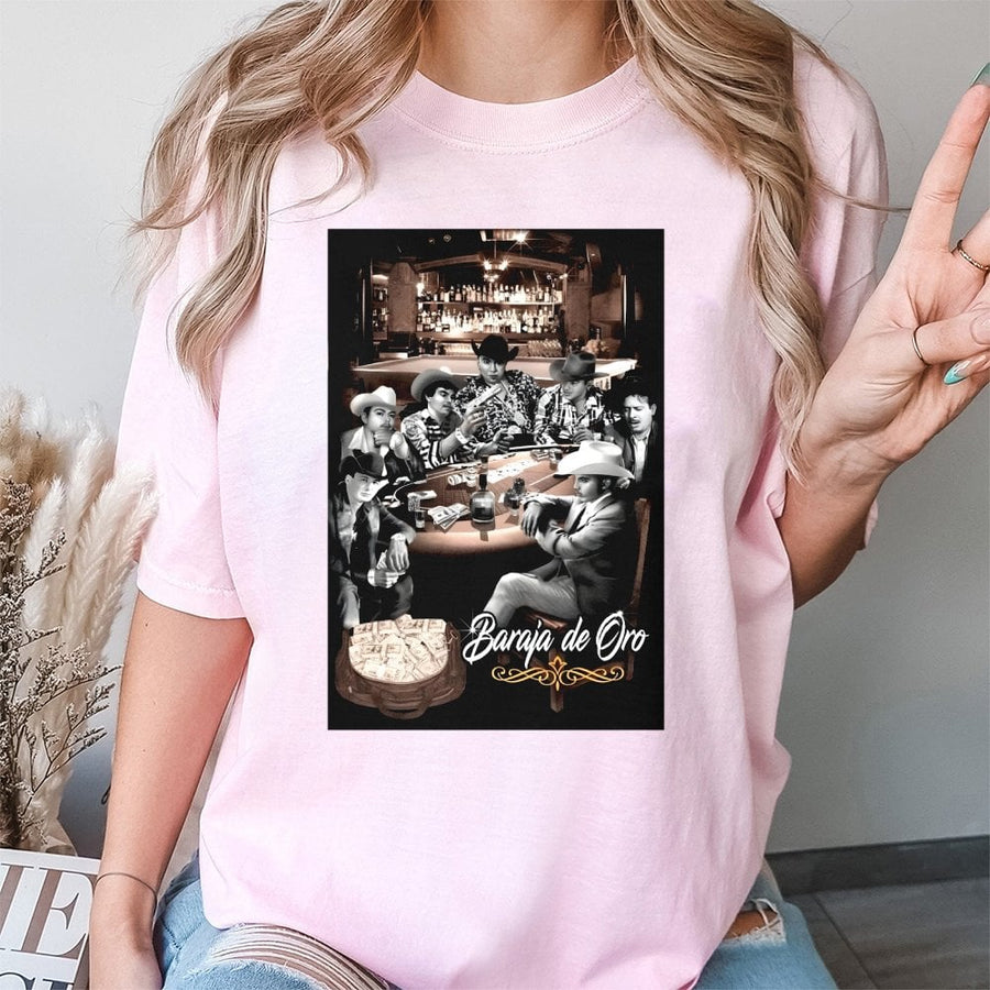Baraja De Oro Graphic T-Shirt | Mexican Western Poker Design | Premium 100% Cotton | Stylish Gift For Men And Corridos Fans