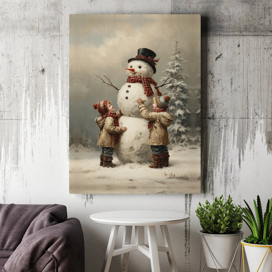 Vintage Christmas Canvas Print | Children Building Snowman Wall Art | 1.25 Inch Gallery Wrap | Holiday Home Decor Gift