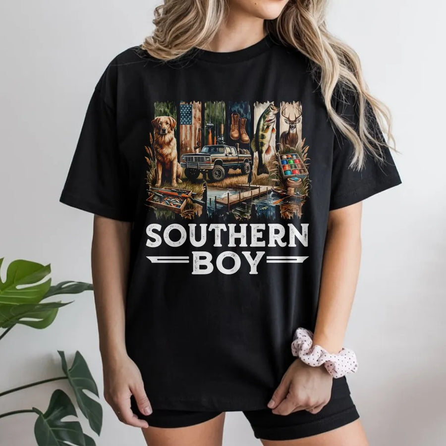 Southern Boy T-Shirt | Outdoor Country Life Graphic with Truck, Dog, and Fishing | Premium Cotton Tee | Gift for Country Boys and Men