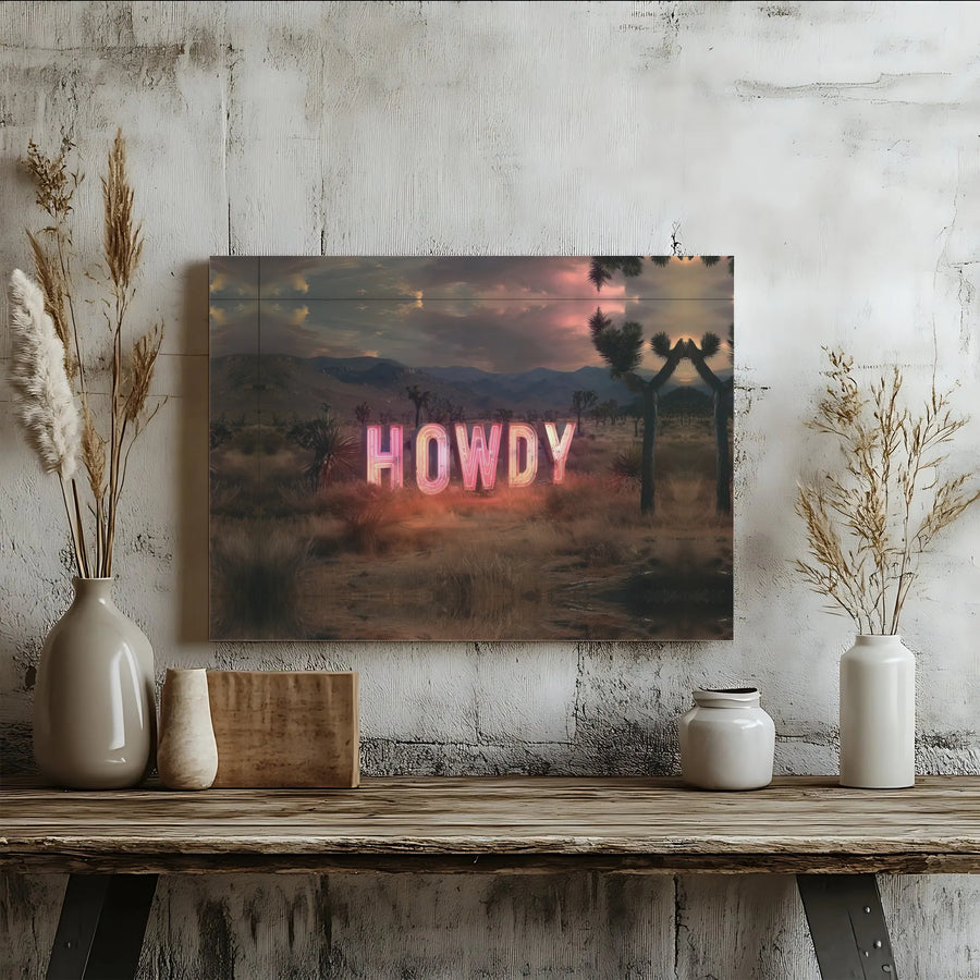 Howdy Neon Sign Canvas Wall Art | Joshua Tree Desert Landscape Print | Premium Matte Canvas with 1.25" Thick Profile | Unique Southwestern Home Decor Gift