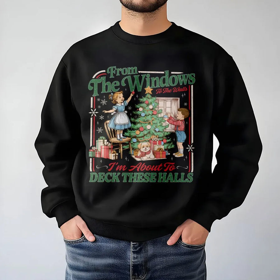 Funny Christmas Sweatshirt | Deck The Halls Retro Graphic | Premium Cotton Blend Crewneck | Unisex Holiday Party Gift For Her Or Him