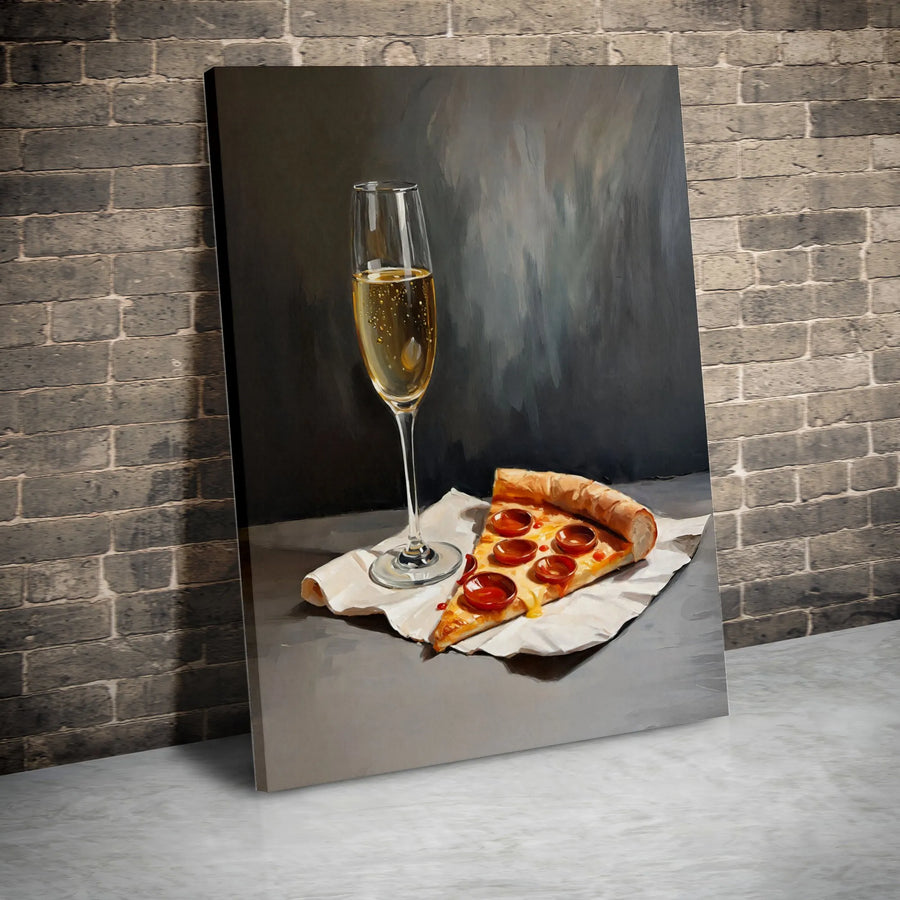 Champagne And Pizza Slice Canvas Art | Modern Still Life Food Print | 1.25 Inch Gallery Wrap | Kitchen And Dining Room Wall Decor