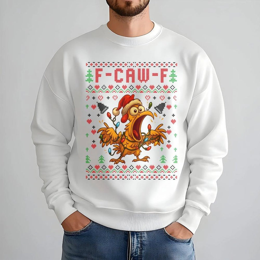 F-Caw-F Funny Chicken Christmas Sweatshirt | Ugly Holiday Poultry Design | Premium Cotton Blend | Gift For Poultry Farmers & Chicken Lovers