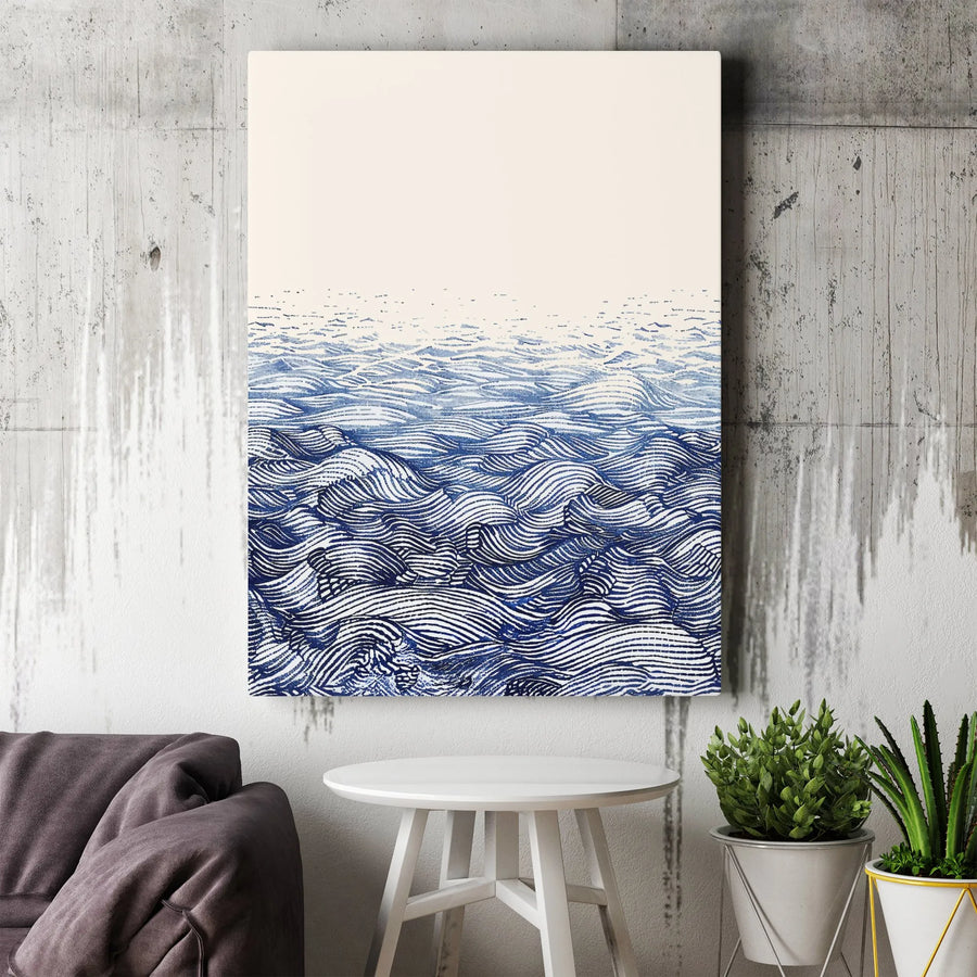 Japanese Ocean Waves Canvas Wall Art | Minimalist Blue Sea Print | 1.25-Inch Gallery Wrap | Modern Home Decor for Living Room