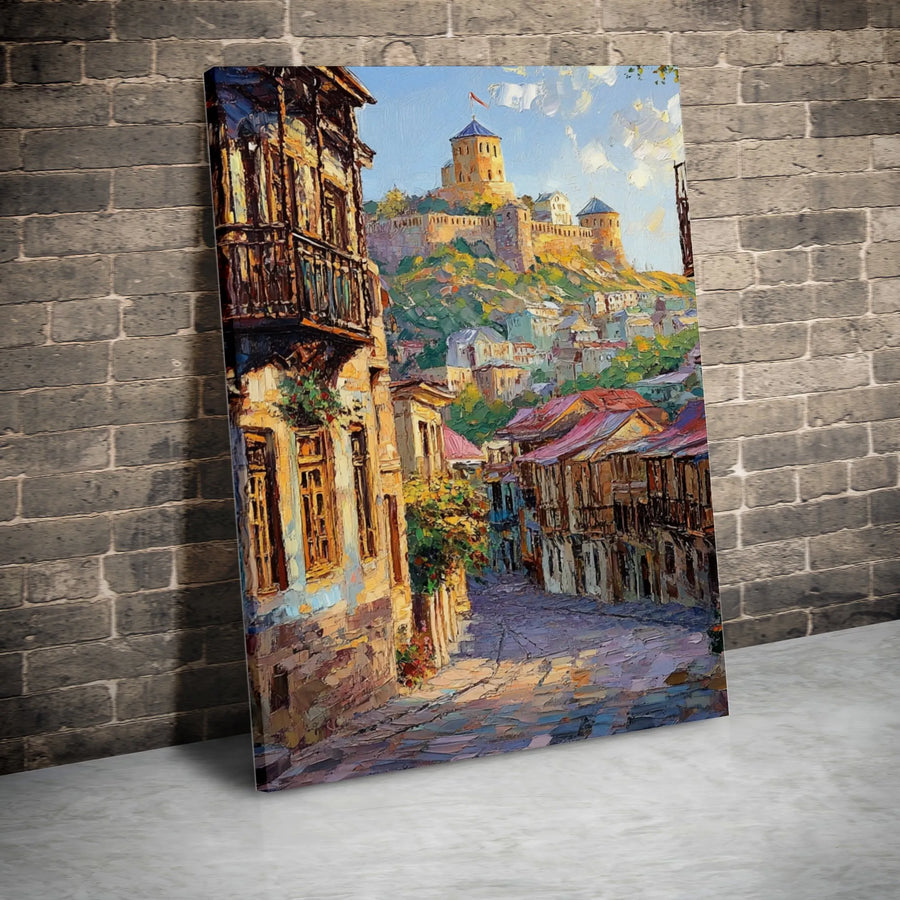Old Town Streetscape Vertical Canvas | Impressionist Village Painting with Castle | Premium Quality Print | Living Room Wall Art & Home Decor Gift