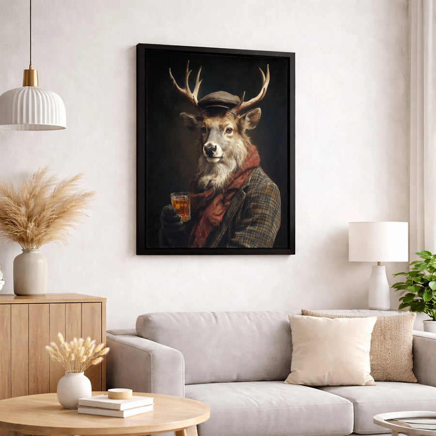 Dapper Deer Canvas Wall Art | Anthropomorphic Stag in Flat Cap & Tweed | Premium Gallery Wrapped Decor | Unique Whiskey Bar Gift for Him
