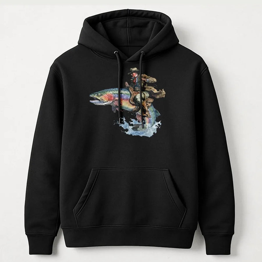 Cowboy Riding Trout Hoodie | Vintage Western Fishing Graphic | Premium Cotton Blend | Funny Gift for Fisherman Angler
