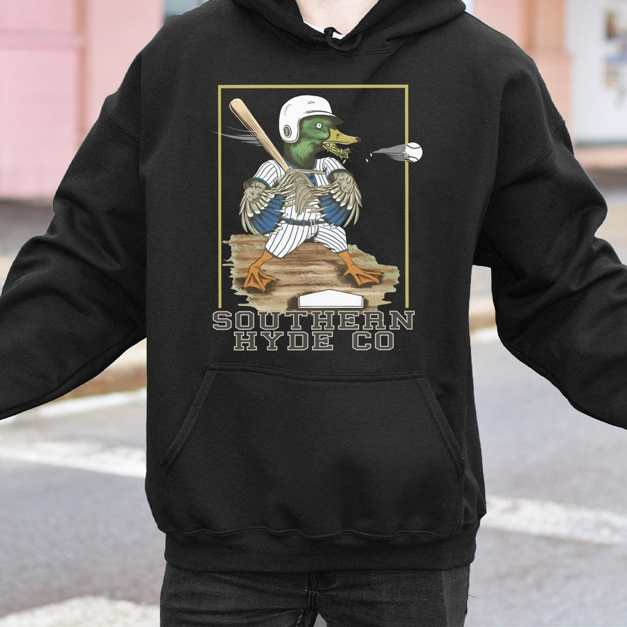 Duck Baseball Hoodie | Mallard Player Retro Graphic | Cotton-Poly Blend Sweatshirt | Funny Sports Gift for Him and Her