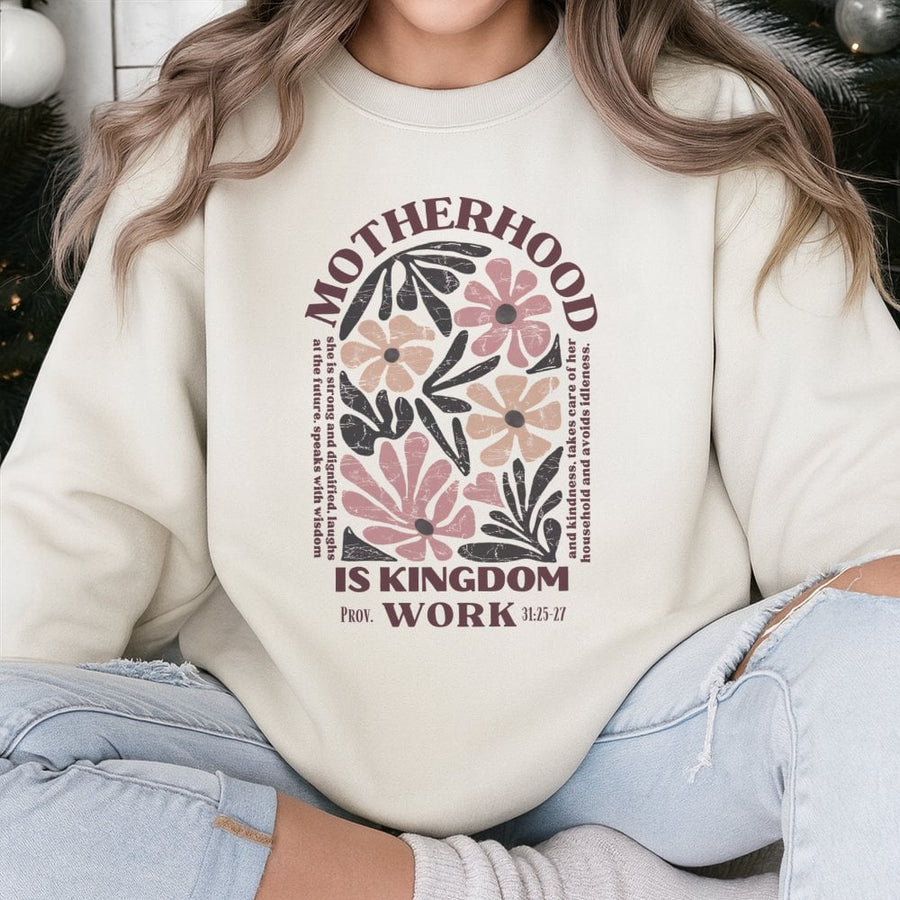 Motherhood Is Kingdom Work Sweatshirt | Retro Floral Christian Scripture Design | Premium Cotton-Poly Blend | Encouraging Faith Gift for Moms