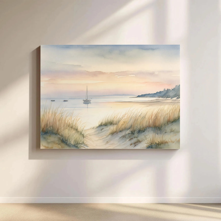 Coastal Seascape Canvas Print | Watercolor Sailboat at Sunset | Premium Gallery Wrap Canvas | Nautical Beach House Decor Gift