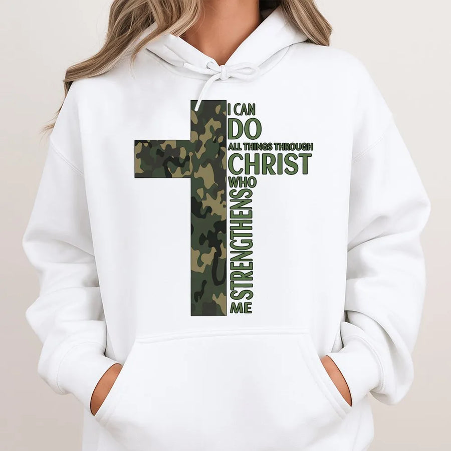 I Can Do All Things Through Christ Hoodie | Camo Cross Bible Verse Design | Premium Cotton Blend | Inspirational Religious Gift for Men and Women
