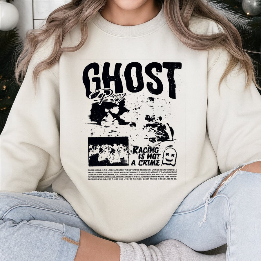 Ghost Racing Sweatshirt | Racing Is Not A Crime Biker Graphic | Premium Cotton Blend | Streetwear Moto Gift For Motorcycle Riders