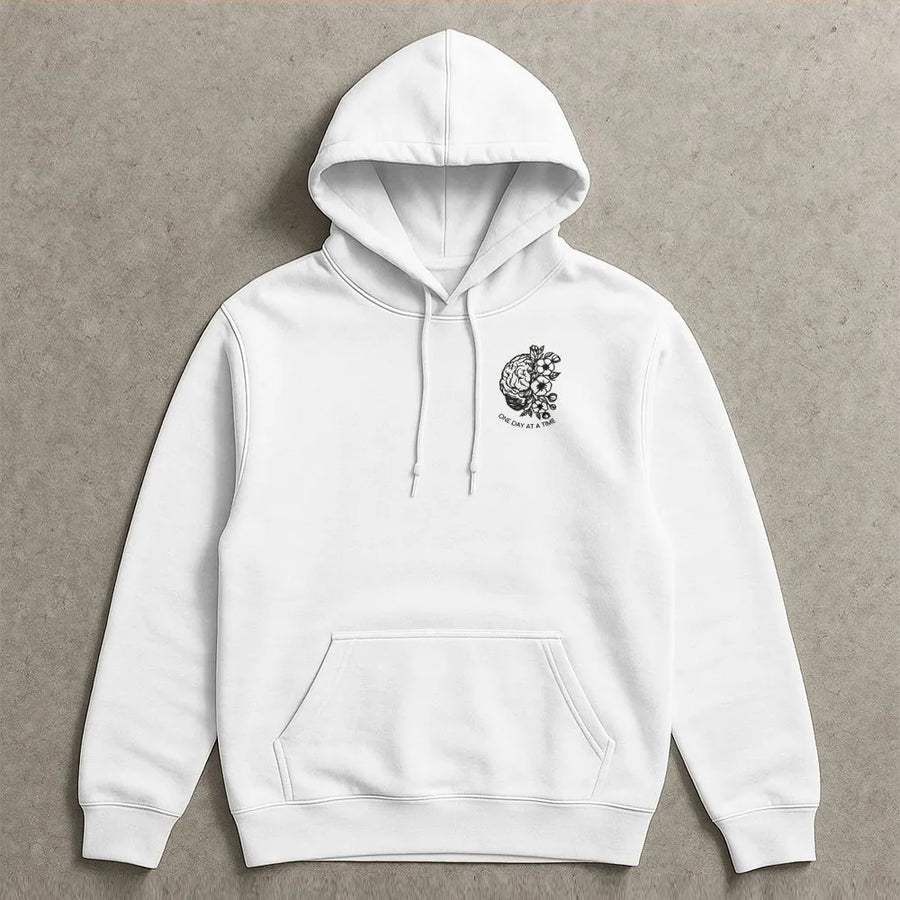One Day At A Time Hoodie | Floral Brain Graphic Sweatshirt | Premium Cotton Blend | Inspirational Addiction Recovery Sobriety Gift